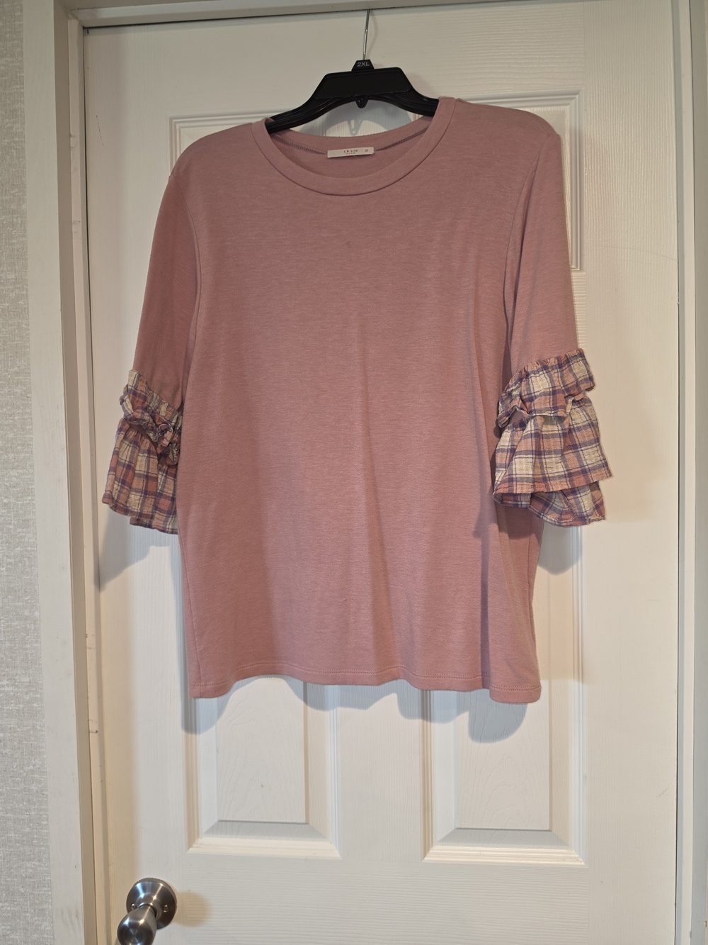 Le Lis Pink Ruffle Sleeve Top with Plaid Accents